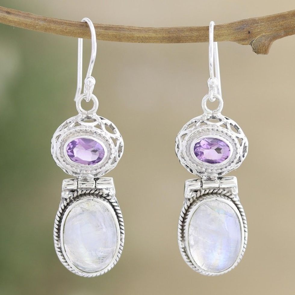 Rainbow Moonstone and Amethyst Dangle Earrings 'Magic and Mysticism'