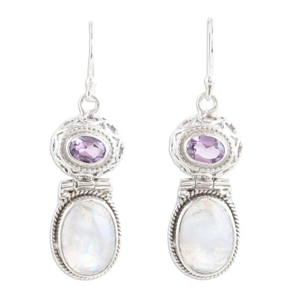 Alternate image for Rainbow Moonstone and Amethyst Dangle Earrings Magic and Mysticism