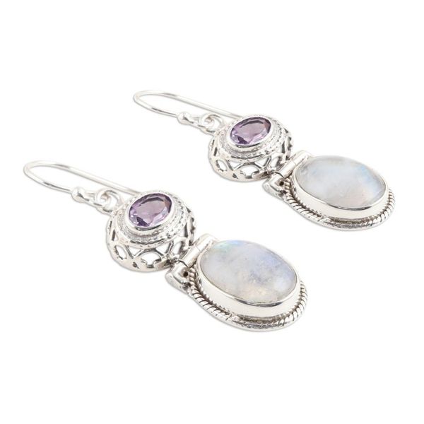 Alternate image for Rainbow Moonstone and Amethyst Dangle Earrings Magic and Mysticism