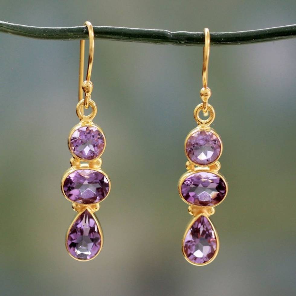 22k Gold Vermeil Dangle Earrings with Three Amethysts 'Lilac Triad'