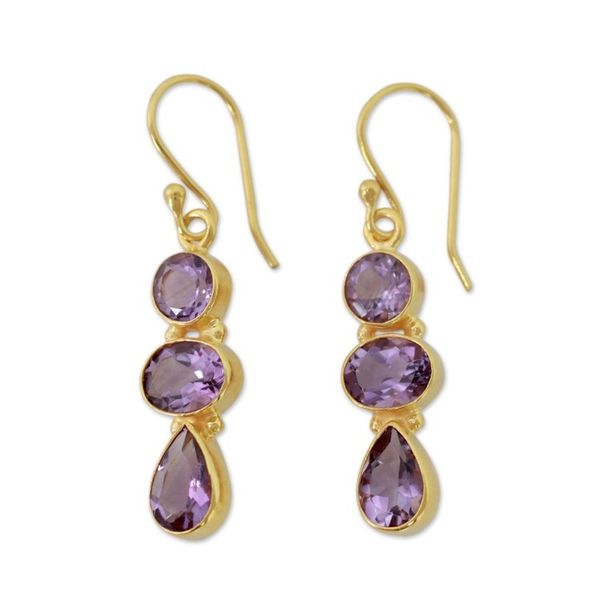 Alternate image for 22k Gold Vermeil Dangle Earrings with Three Amethysts Lilac Triad