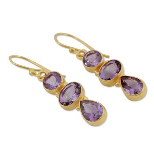 Alternate image for 22k Gold Vermeil Dangle Earrings with Three Amethysts Lilac Triad