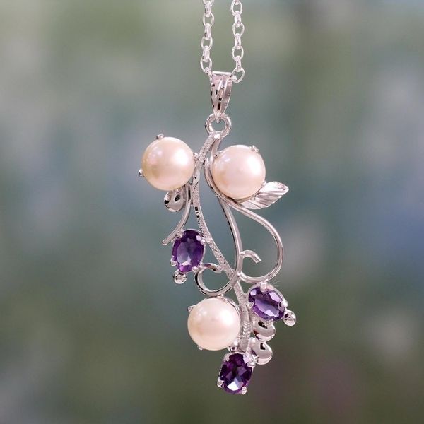 Alternate image for Pendant Necklace in Silver with Amethysts and Pearls Sincerely Yours