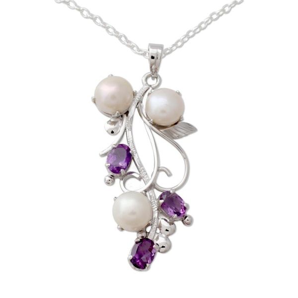 Alternate image for Pendant Necklace in Silver with Amethysts and Pearls Sincerely Yours