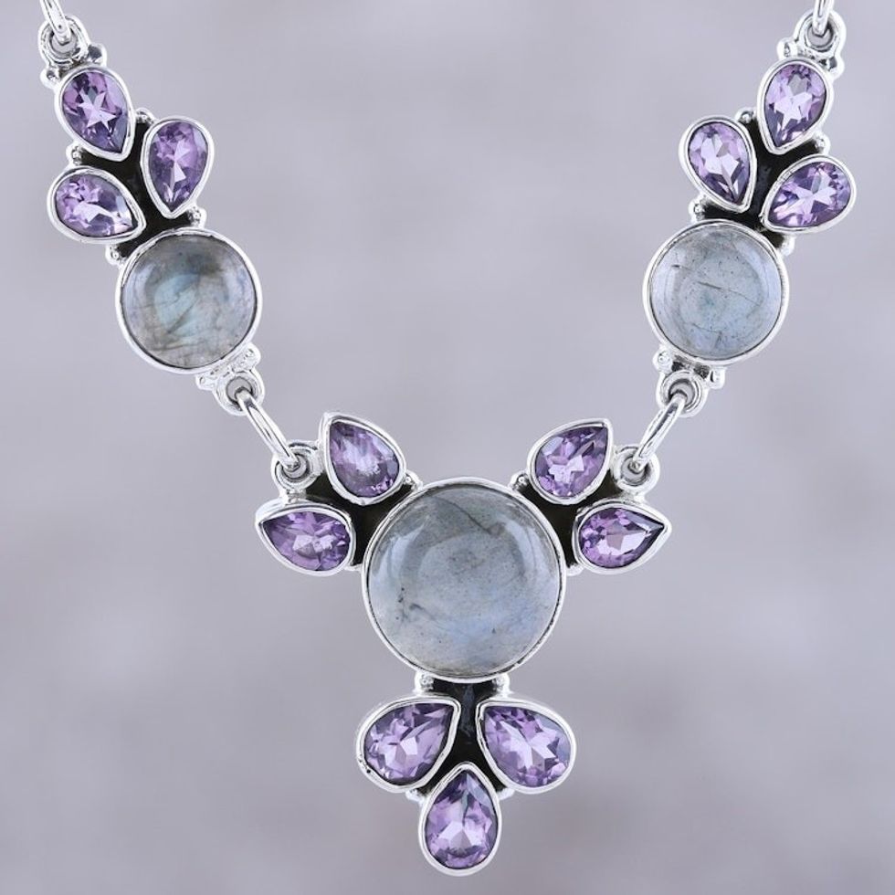 Amethyst and Labradorite Pendant Necklace from India 'Aurora Blossom'