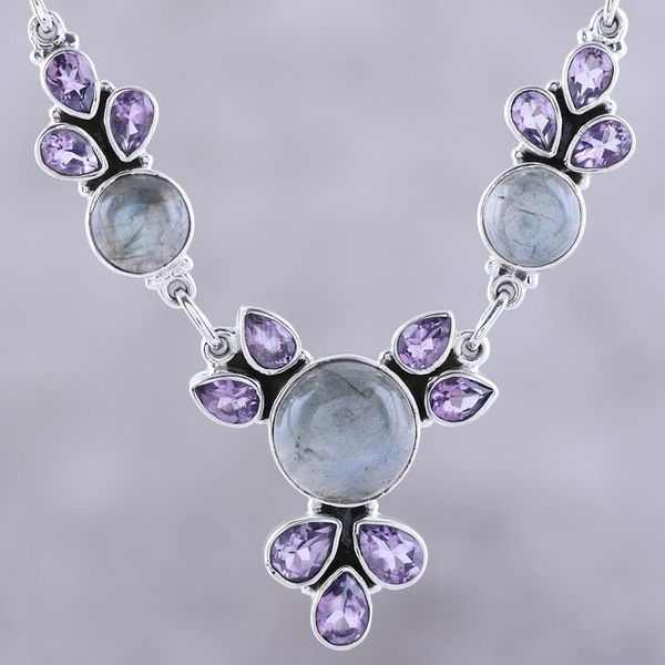 Alternate image for Amethyst and Labradorite Pendant Necklace from India Aurora Blossom