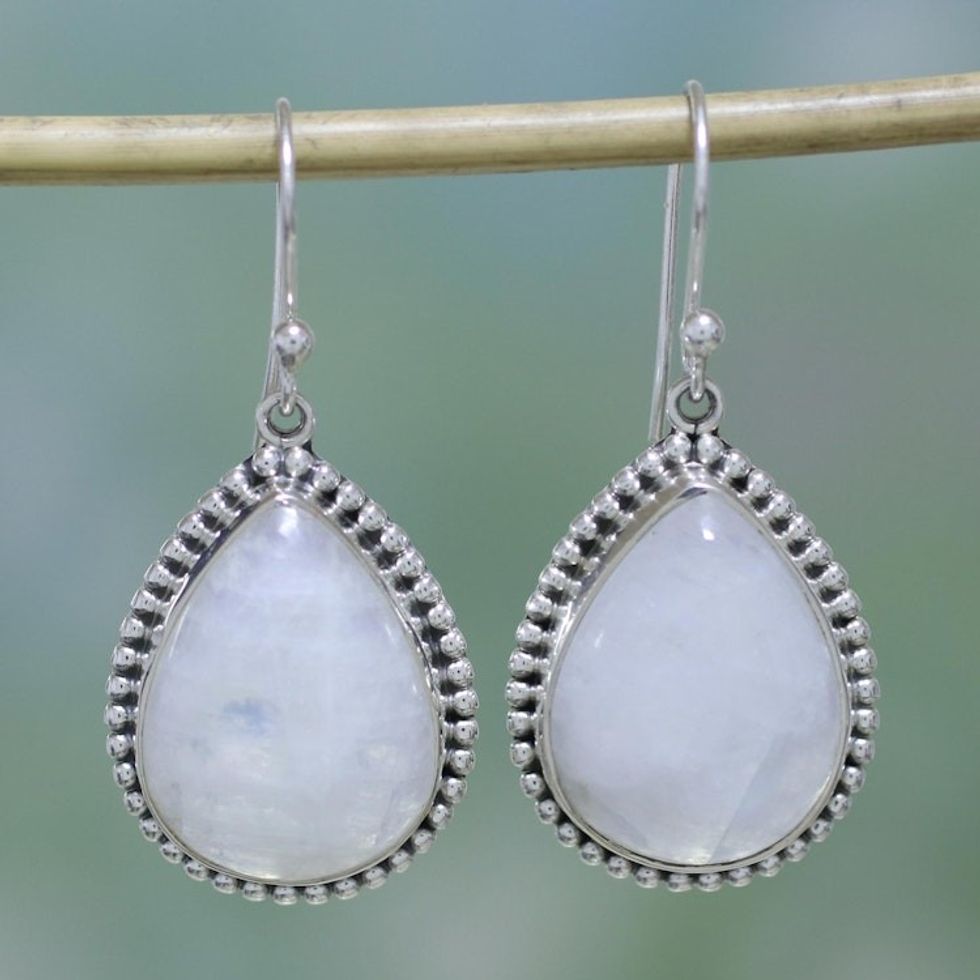 Rainbow Moonstone and Sterling Silver Earrings from India 'Mystical Charm'