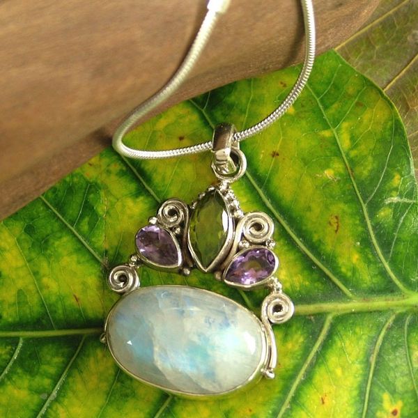Alternate image for Rainbow Moonstone Necklace in Sterling Silver from India Aura