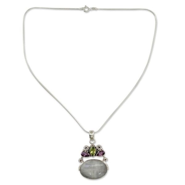 Alternate image for Rainbow Moonstone Necklace in Sterling Silver from India Aura