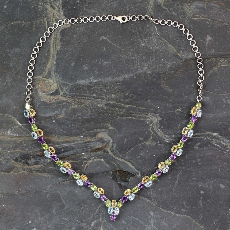 21.5-Carat Silver Necklace with Four Kinds of Faceted Gems 'Color Cascade'