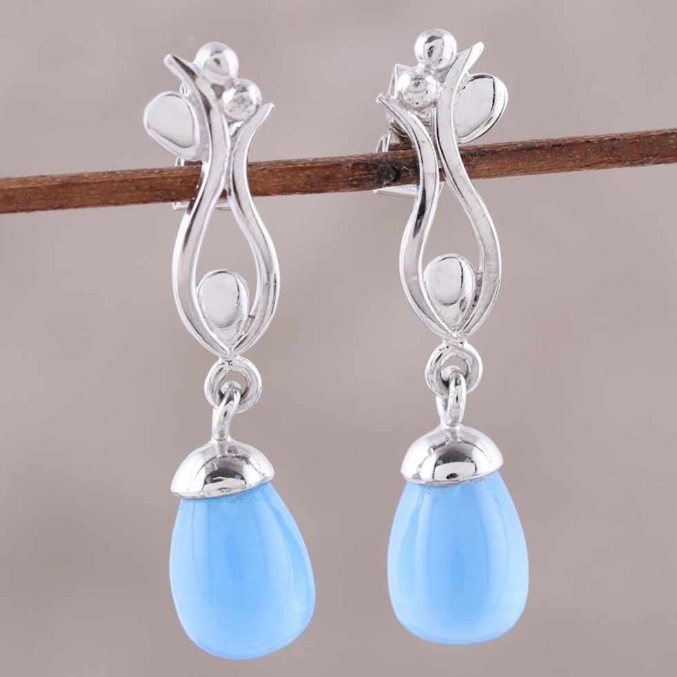 Rhodium Plated Dangle Earrings with Blue Chalcedony 'Blue Tulip'