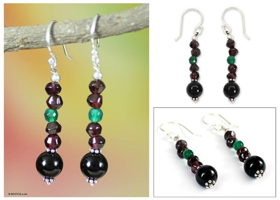 Garnet and onyx dangle earrings 'Colors of India'