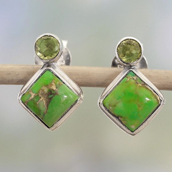 Alternate image for Indian Peridot Earrings with Composite Green Turquoise Green Sparkle