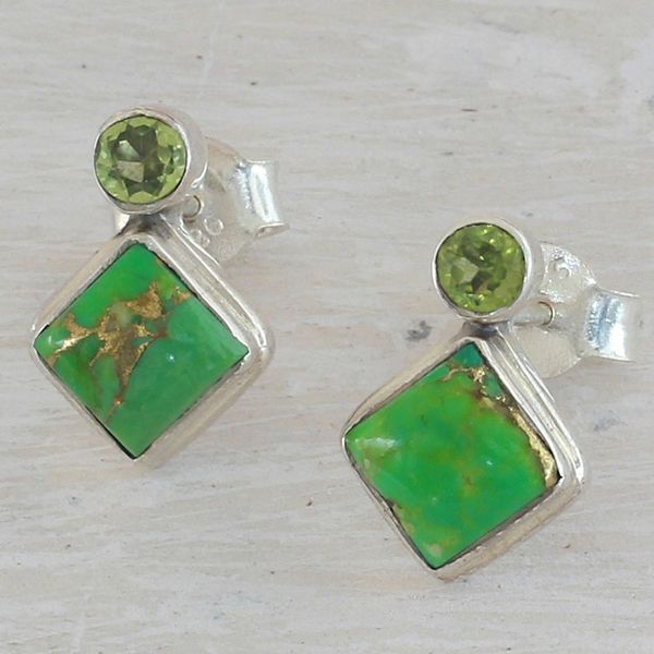 Alternate image for Indian Peridot Earrings with Composite Green Turquoise Green Sparkle