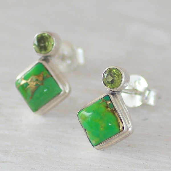 Alternate image for Indian Peridot Earrings with Composite Green Turquoise Green Sparkle