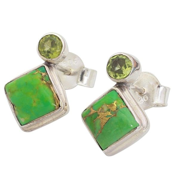 Alternate image for Indian Peridot Earrings with Composite Green Turquoise Green Sparkle