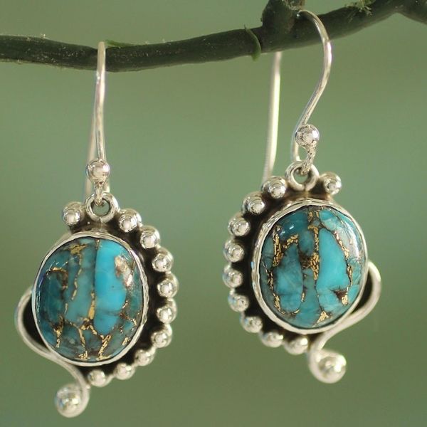 Alternate image for Handcrafted Composite Turquoise Sterling Silver Earrings Blue Indian Paisley