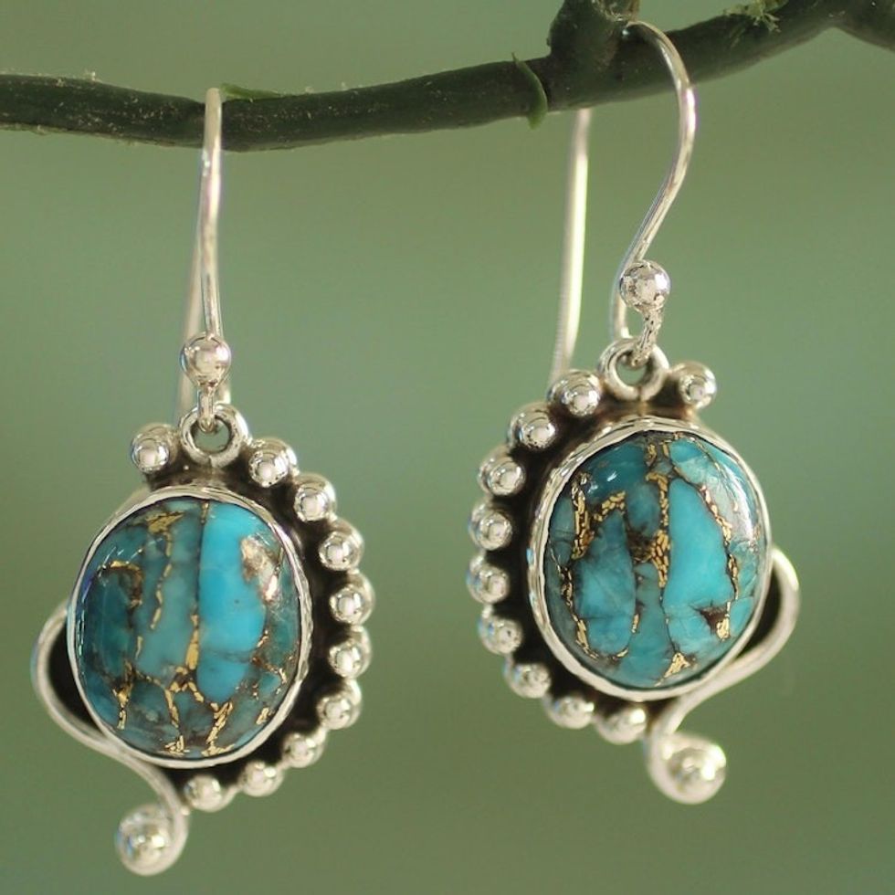 Handcrafted Composite Turquoise Sterling Silver Earrings 'Blue Indian Paisley'