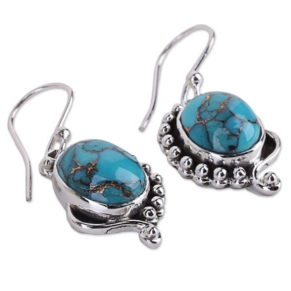 Alternate image for Handcrafted Composite Turquoise Sterling Silver Earrings Blue Indian Paisley