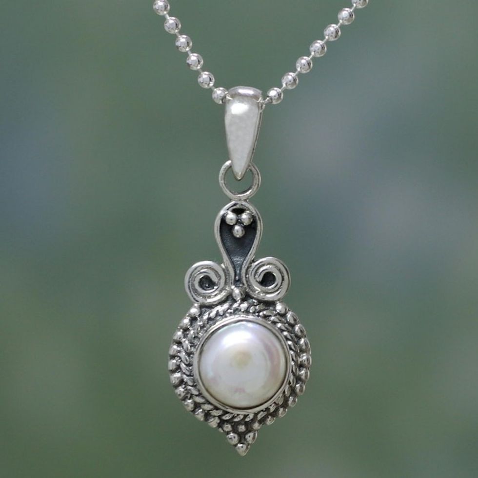 Artisan Crafted Sterling Silver Necklace with Pearl Pendant 'Cloud of Desire'
