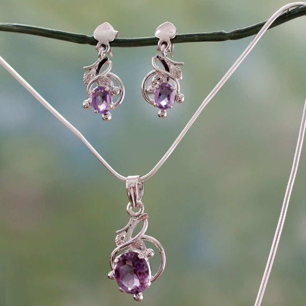 Amethyst Jewelry Set Sterling Silver Necklace Earrings 'Wisteria'