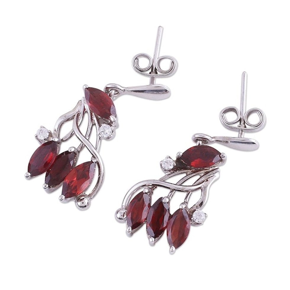 Garnet Earrings in Rhodium Plated Sterling Silver with CZ 'Romantic Rendezvous'