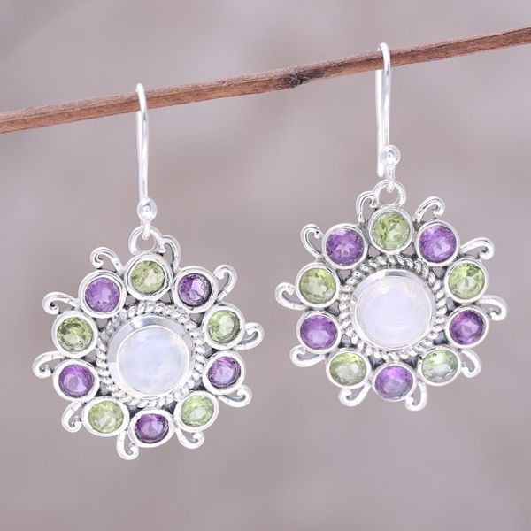 Alternate image for Sterling Silver Rainbow Moonstone Floral Dangle Earrings Goddess Blooms