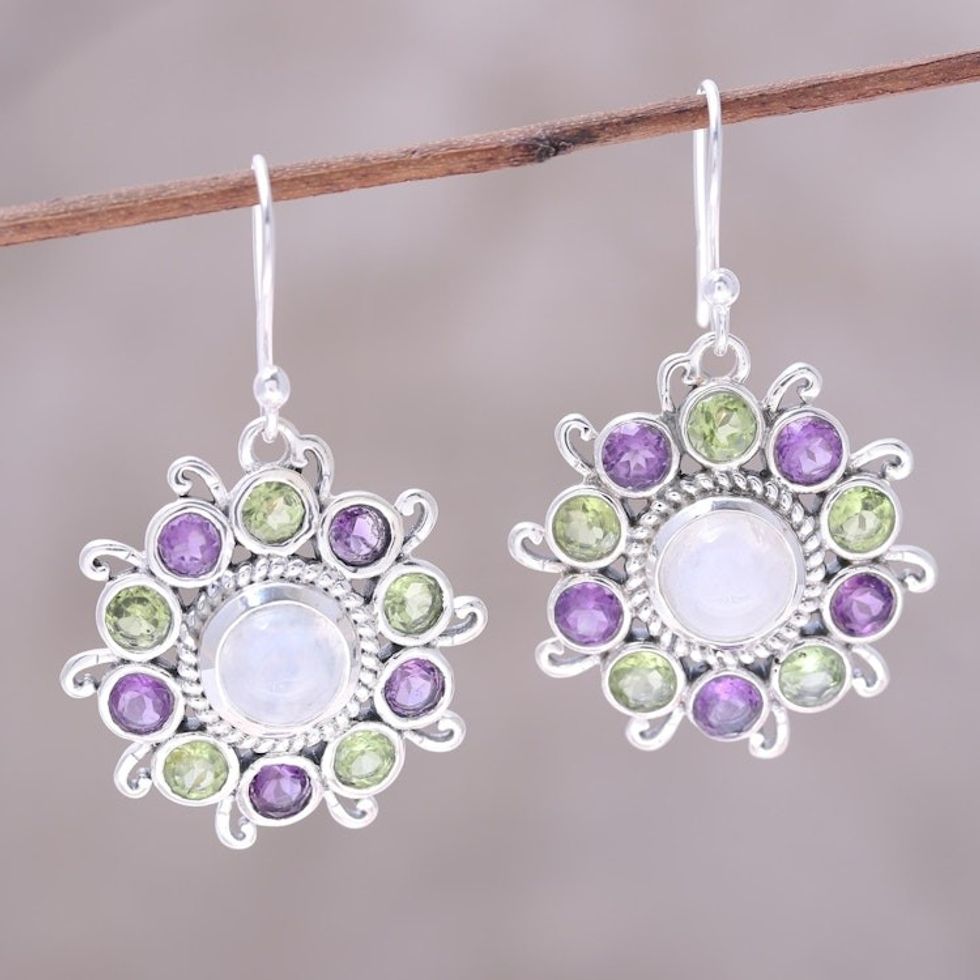 Sterling Silver Rainbow Moonstone Floral Dangle Earrings 'Goddess Blooms'
