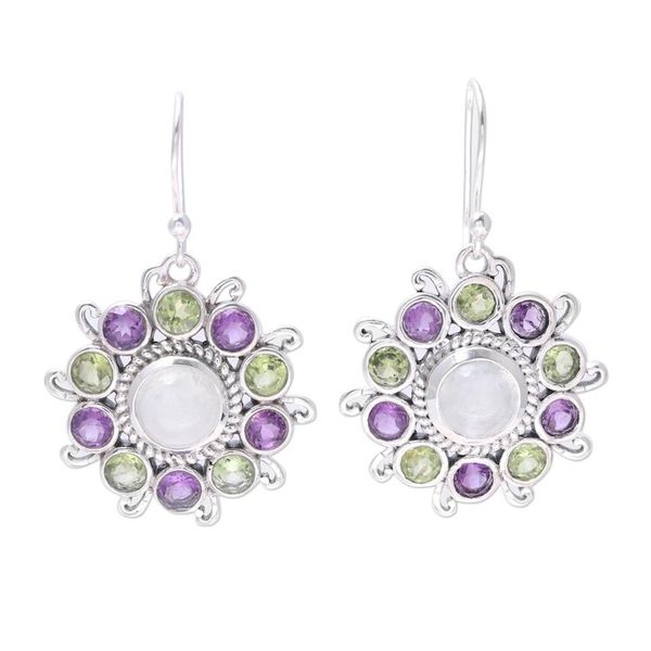 Alternate image for Sterling Silver Rainbow Moonstone Floral Dangle Earrings Goddess Blooms
