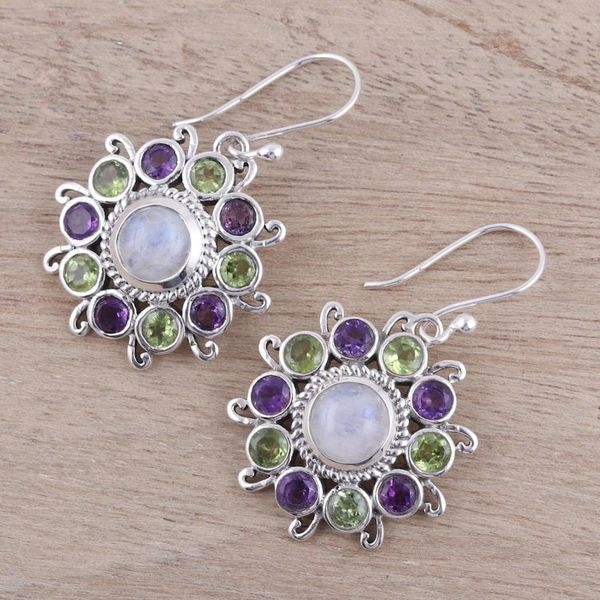 Alternate image for Sterling Silver Rainbow Moonstone Floral Dangle Earrings Goddess Blooms