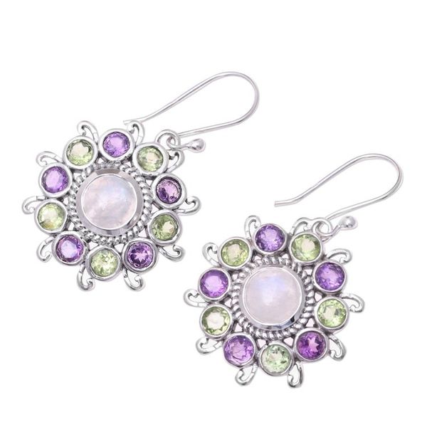 Alternate image for Sterling Silver Rainbow Moonstone Floral Dangle Earrings Goddess Blooms