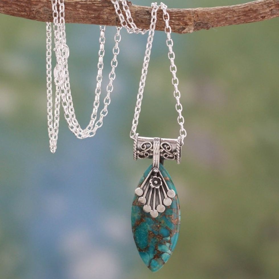 Sterling Silver Necklace with Turquoise Color Gem 'Jaipur Legacy'