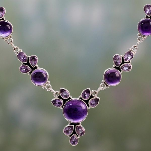 Alternate image for Hand Crafted Amethyst and Sterling Silver Pendant Necklace Purple Lilacs