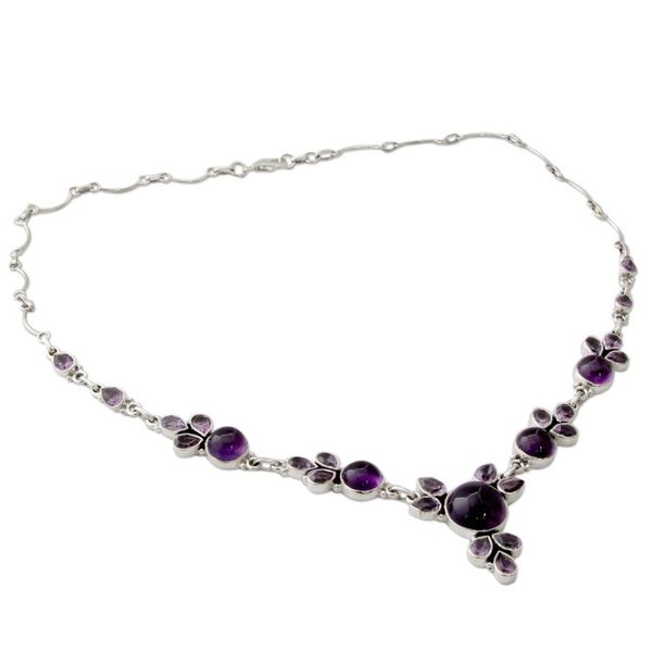 Alternate image for Hand Crafted Amethyst and Sterling Silver Pendant Necklace Purple Lilacs