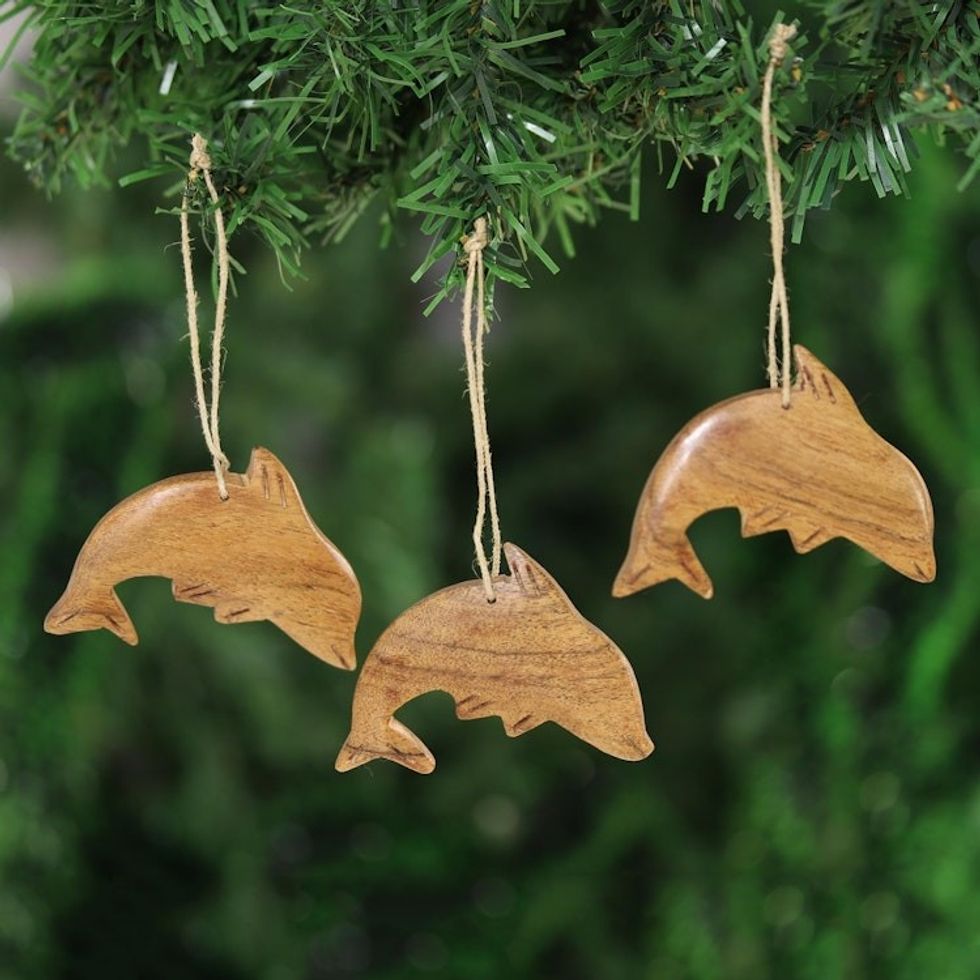 Dolphin-Themed Wood Ornaments from India Set of 3 'Happy Dolphins'