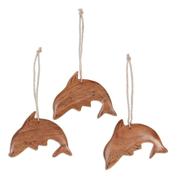 Alternate image for Dolphin-Themed Wood Ornaments from India Set of 3 Happy Dolphins