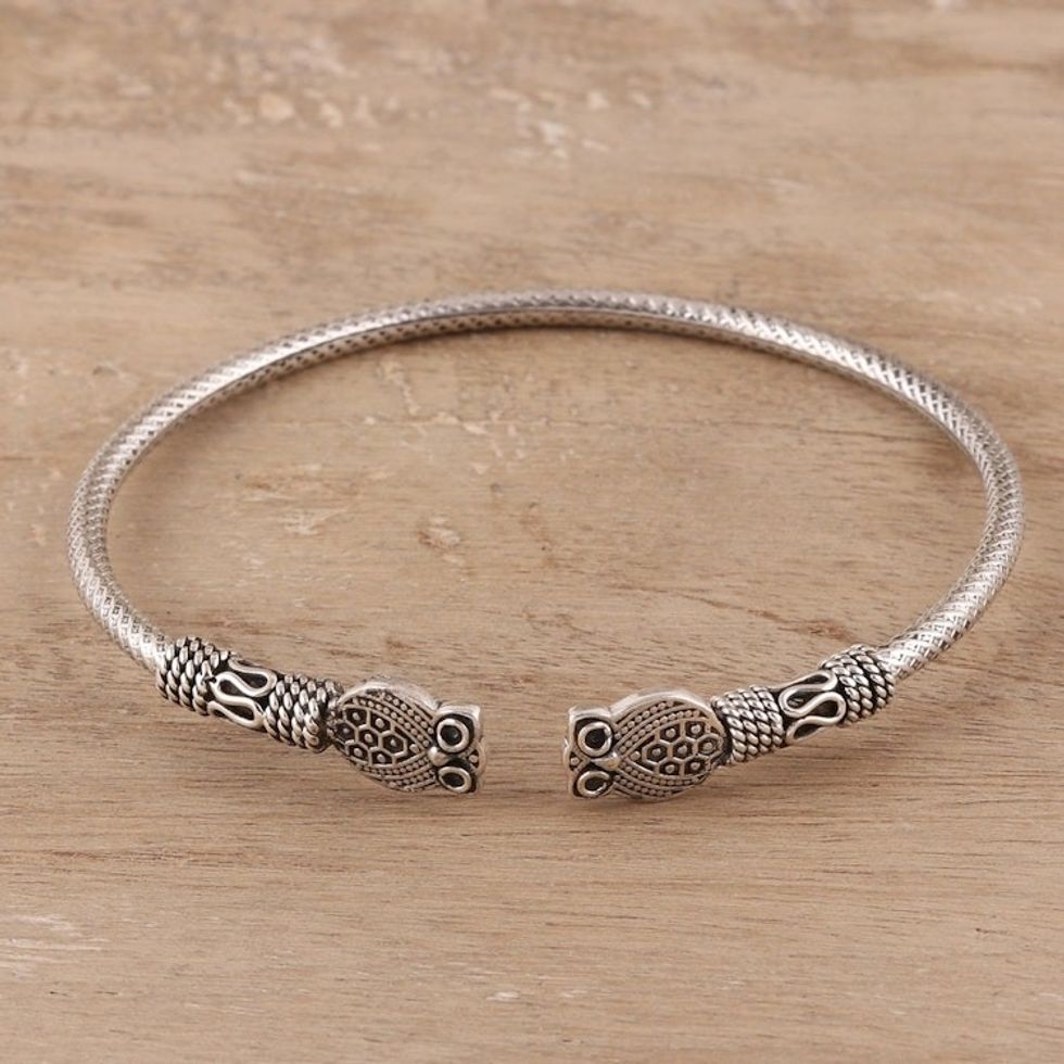 Sterling Silver Owl Cuff Bracelet from India 'Owl Hoot'