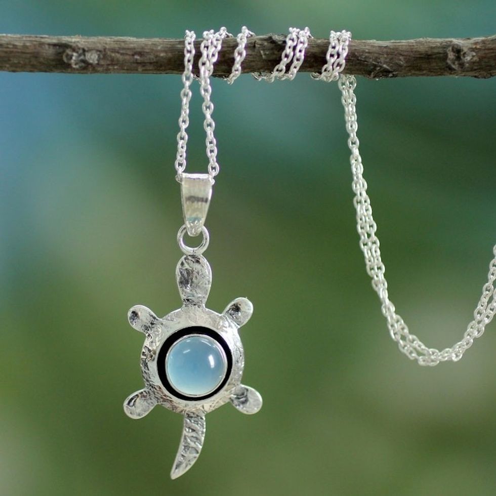 Chalcedony and Silver Pendant Necklace 'Turtle Wisdom'