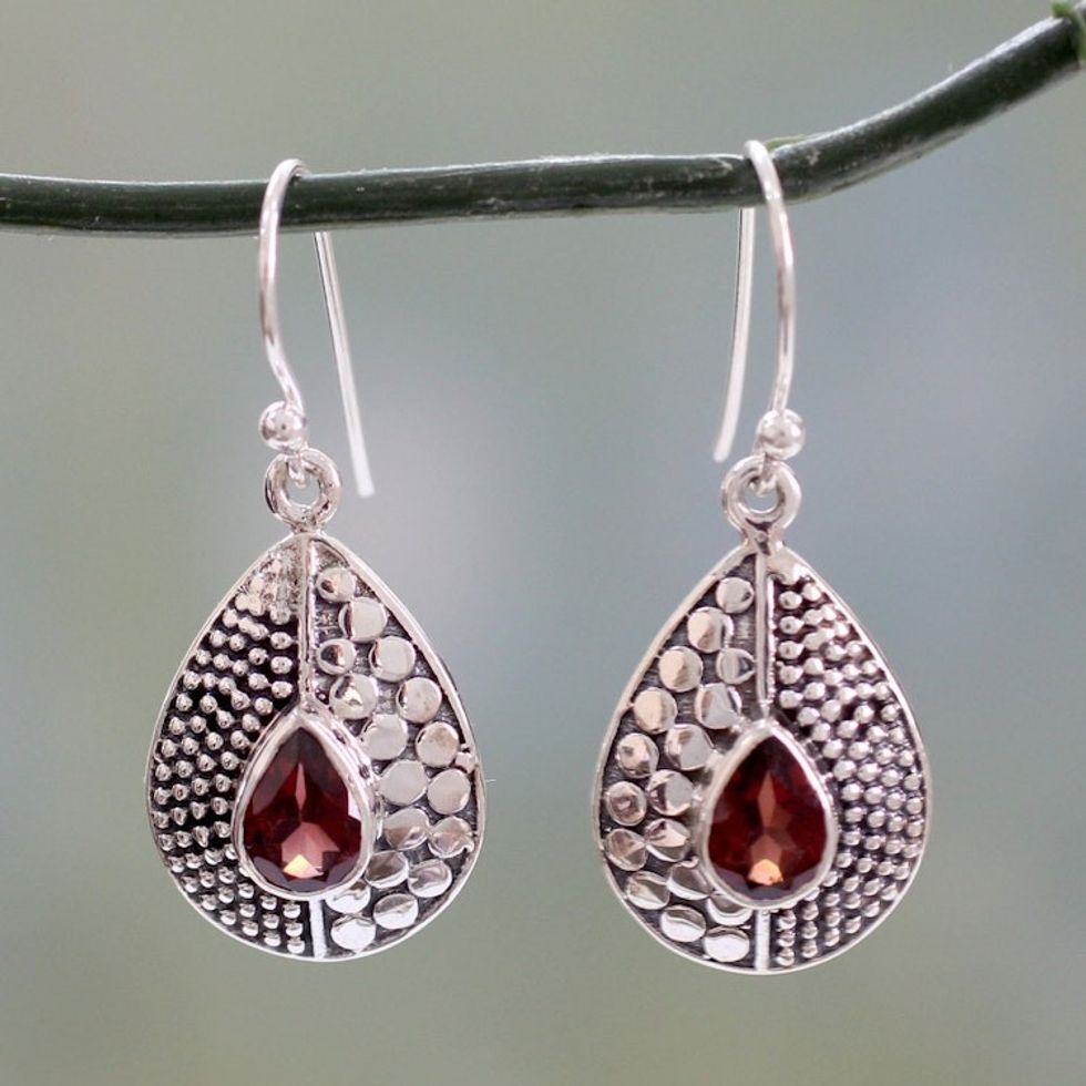 Sterling Silver and Garnet Dangle Earrings from India 'Scarlet Fusion'