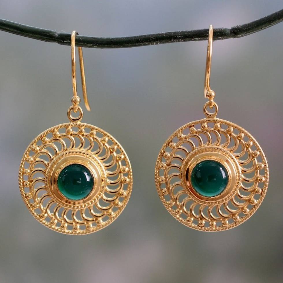 22k Gold Vermeil Hook Earrings Handcrafted with Green Onyx 'Whirlwind'