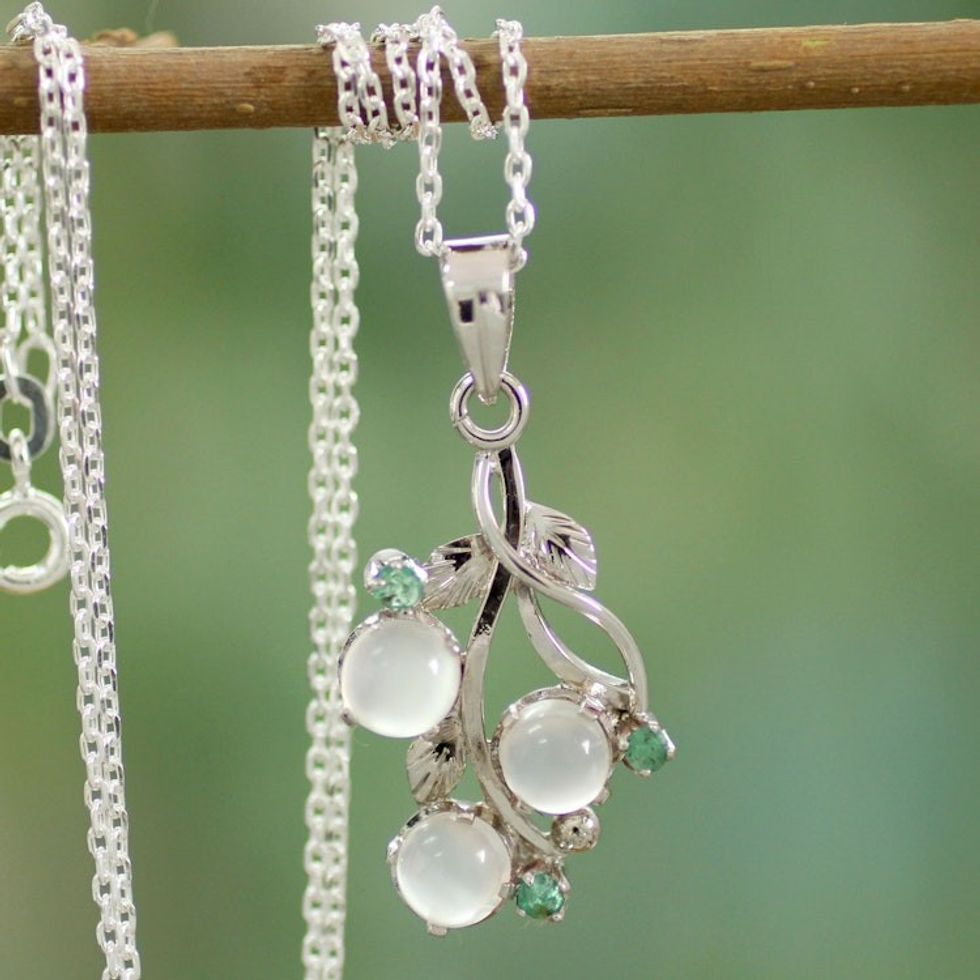 Moonstone and Emerald Necklace on Sterling Silver 'Moon Enchantment'