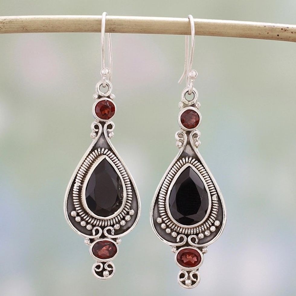 Black Onyx and Garnet Dangle Earrings from India 'Sparkling Midnight'