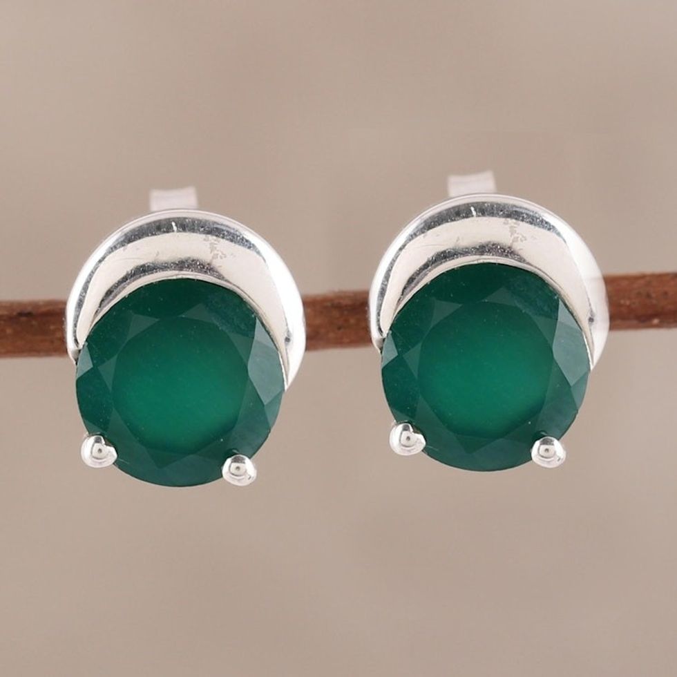 Sparkling Green Onyx Stud Earrings from India 'Beneath the Moon'