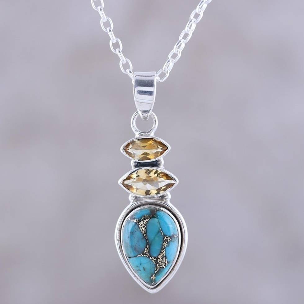 Citrine and Composite Turquoise Pendant Necklace from India 'Gemstone Allure'