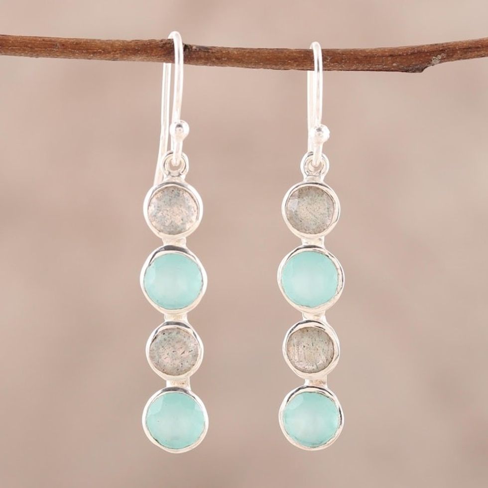 Aqua Chalcedony and Labradorite Handcrafted Earrings 'Trendy Orbs'