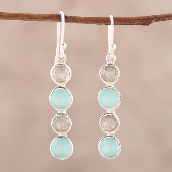 Alternate image for Aqua Chalcedony and Labradorite Handcrafted Earrings Trendy Orbs