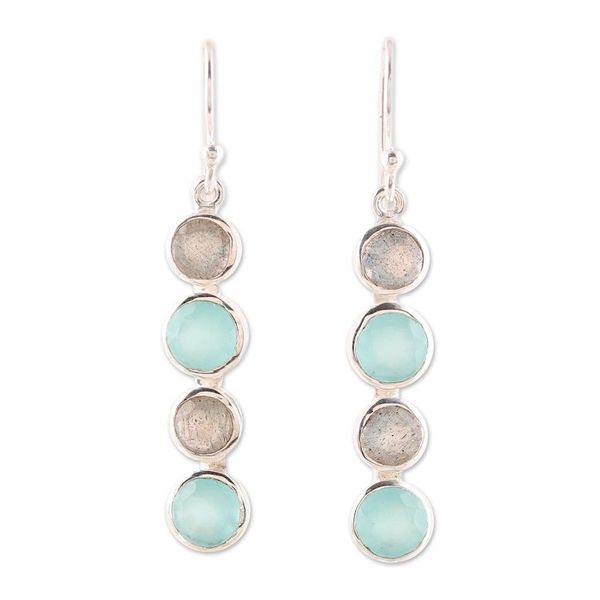 Alternate image for Aqua Chalcedony and Labradorite Handcrafted Earrings Trendy Orbs