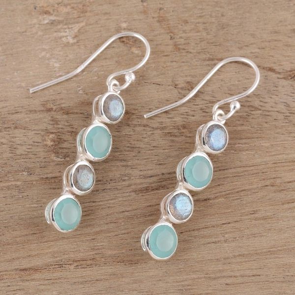 Alternate image for Aqua Chalcedony and Labradorite Handcrafted Earrings Trendy Orbs