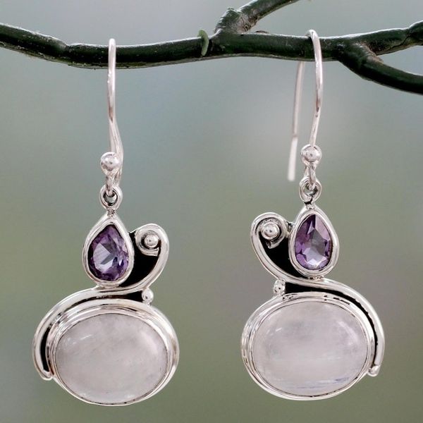 Alternate image for Hand Crafted Moonstone and Amethyst Dangle Earrings Glistening Beauty