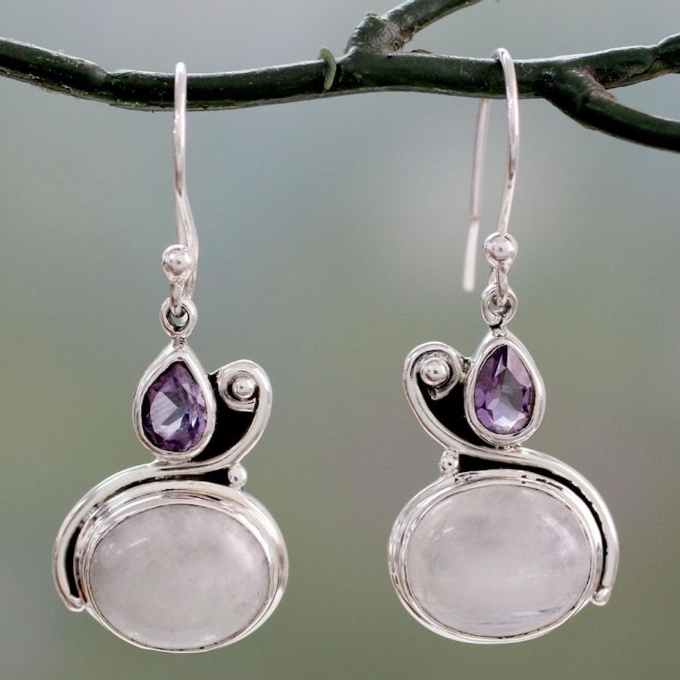 Hand Crafted Moonstone and Amethyst Dangle Earrings 'Glistening Beauty'